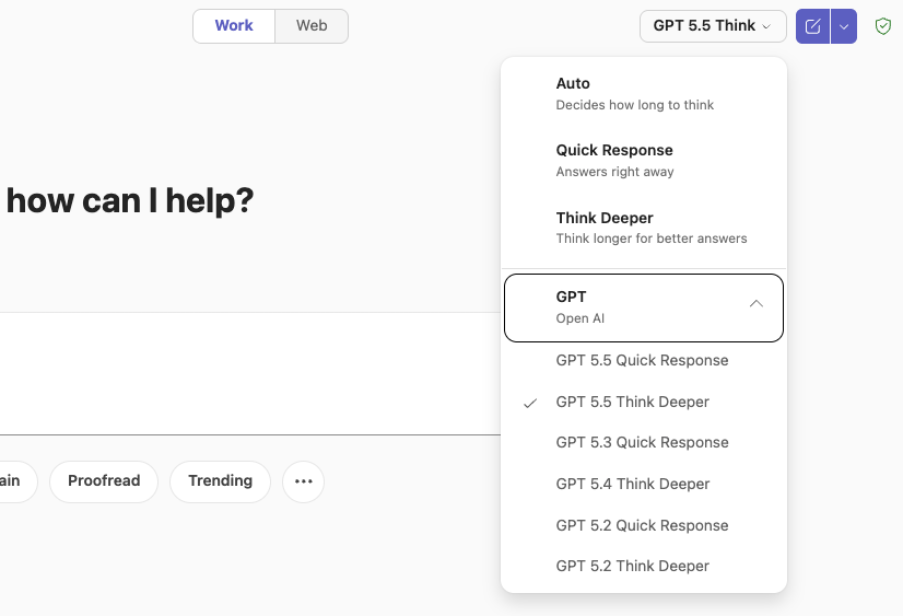 The model picker with "GPT 5.5 Think Deeper" checked in the GPT group, and the top-right selector now reading "GPT 5.5 Think".